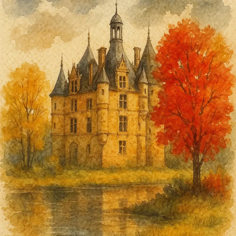 Pintura Aquarelada de Castelos históricos da França com papel texturizado e tons terrosos